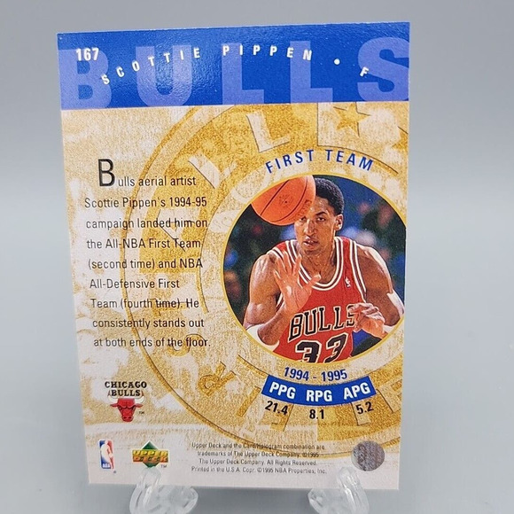 Scottie Pippen 1995 Upper Deck Chicago Bulls #167 Basketball Gold Trading Card - Picture 2 of 7